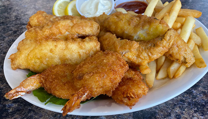 Shawano Cafe shirmp and haddock with fries and coleslaw for friday fish fry