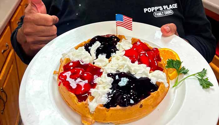 Popps Place belgian waffle with blueberries and strawberries