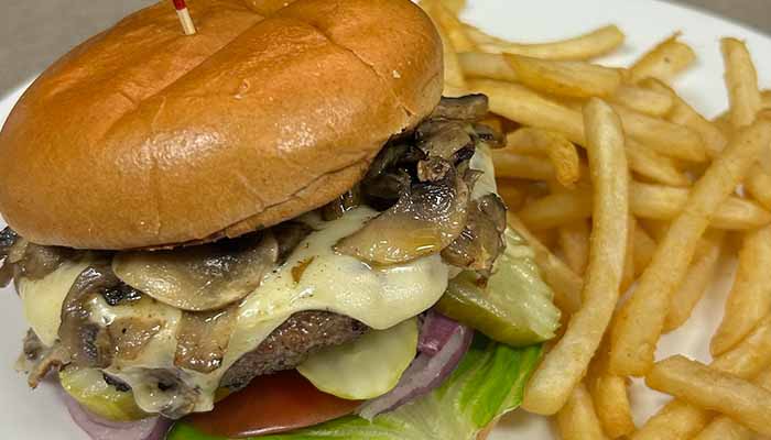 Mushroom and swiss burger with fries from Popps Place
