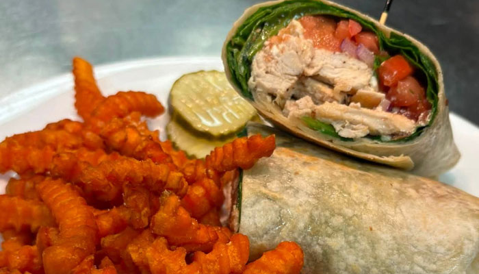 Popps Place family dining wrap with sweet potato fries